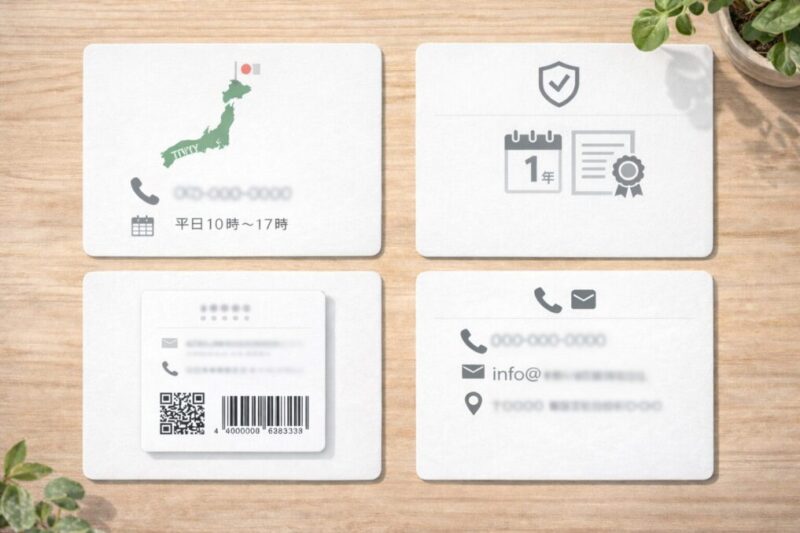 日本地図や保証を連想させる要素を並べ、販売元や製品情報の確認をイメージしたビジュアル