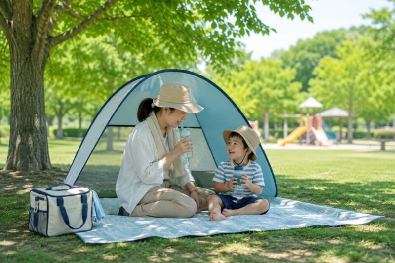 日陰にテントとレジャーシートで休憩場所を作る親子