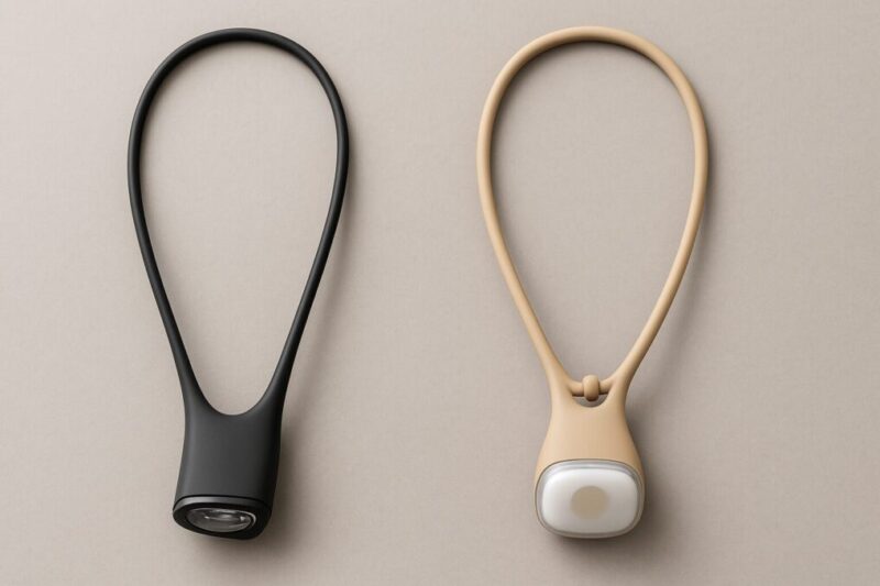 旧型のエッジの立ったヘッドと、新型の丸みあるスクエアヘッド＆玉ストッパーを並べて比較した首掛けライトの製品写真。