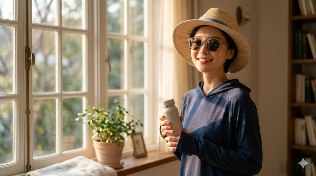 明るい光が差し込む大きな窓辺に立ち、カメラに向かって微笑む女性。