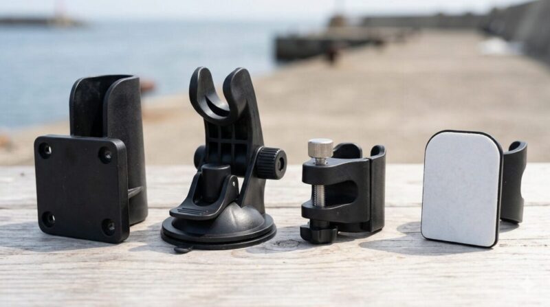 明るい屋外で、木製テーブルの上に並べられた、ネジ止め、吸盤、クランプ、両面テープという4種類の異なるクーラーボックス用ロッドホルダー固定方式の比較。