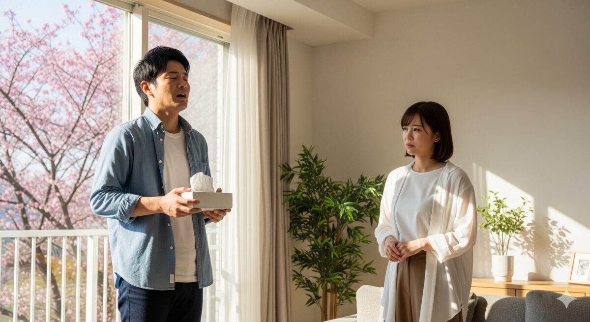 明るい日差しが差し込むリビングで、窓の外に咲く春の木々を背景に立つ日本人のカップル。