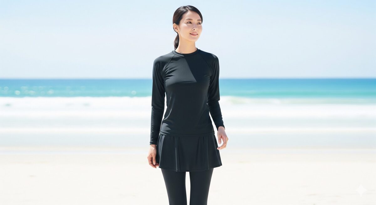 明るい日差しが降り注ぐ白い砂浜で、黒の長袖ラッシュガードとレギンス、その上に同色のショートパンツを組み合わせた水着を着用して立つ日本人女性。