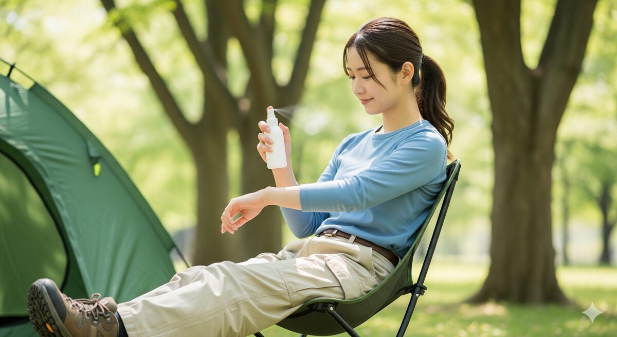 明るい日差しが降り注ぐ緑豊かな公園で、キャンプチェアに座りながら腕に虫除けミストを吹きかけている若い女性。