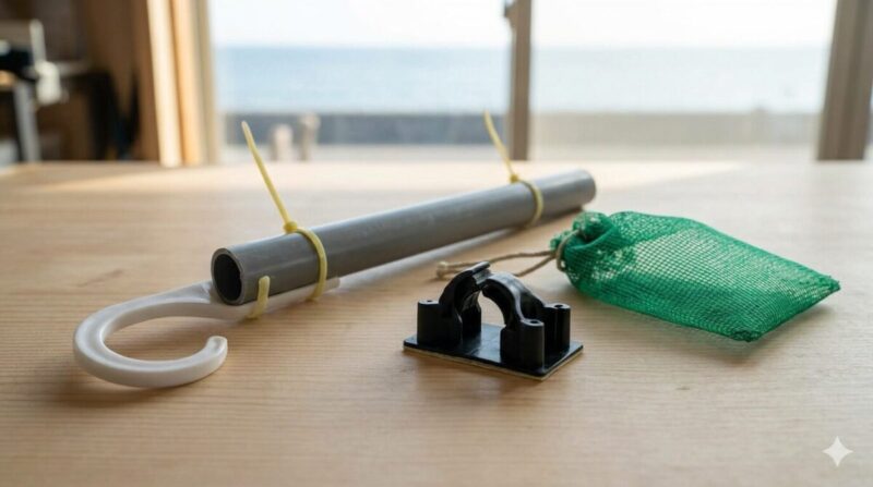 明るい自然光の下、木製テーブルの上に並べられた、塩ビパイプと結束バンド、接着フック、メッシュポーチなど100均素材で作られた自作ロッドホルダーの試作品。