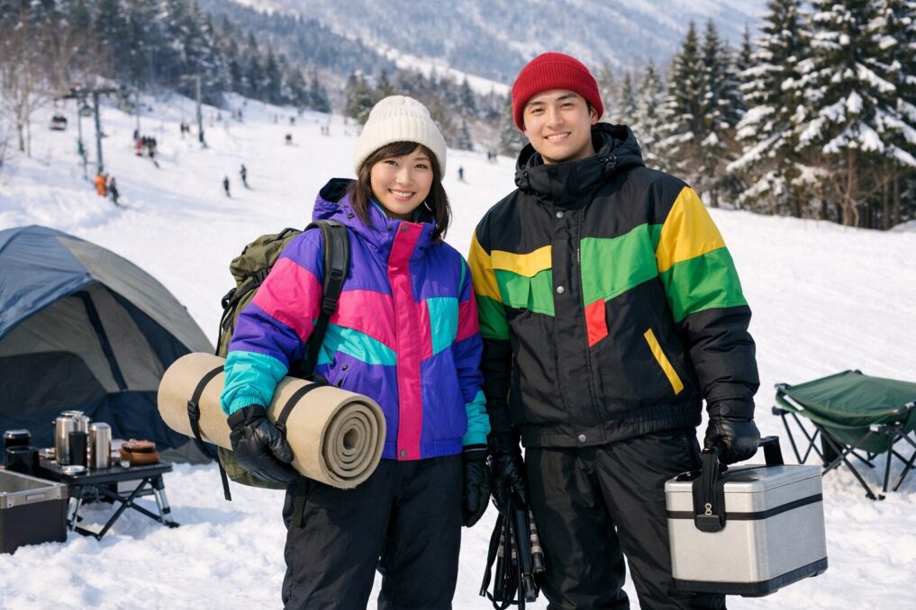 昔のデザインを思わせるレトロなスキーウェアを着て、ゲレンデと冬キャンプを楽しむ男女