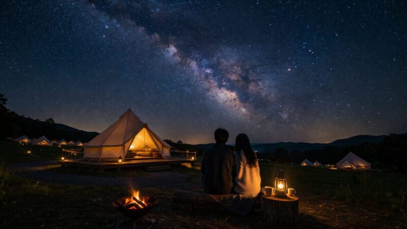 星空が見やすい静かなグランピング施設の夜景
