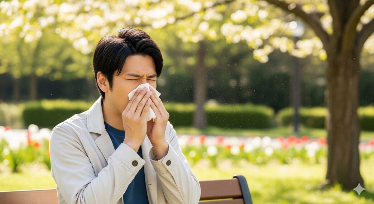 春の暖かい日差しが差し込む公園で、ベンチに座りながら花粉症の症状に悩む日本人の男性。