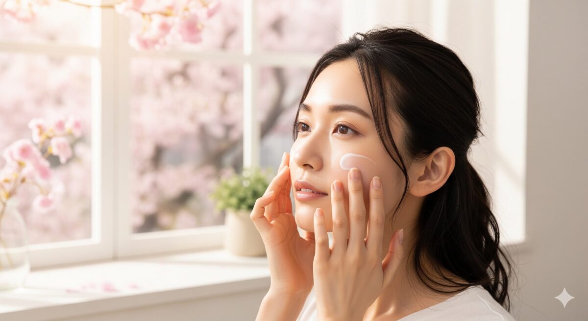 春の柔らかな日差しが差し込む明るい窓辺で、丁寧にスキンケアを行う女性。