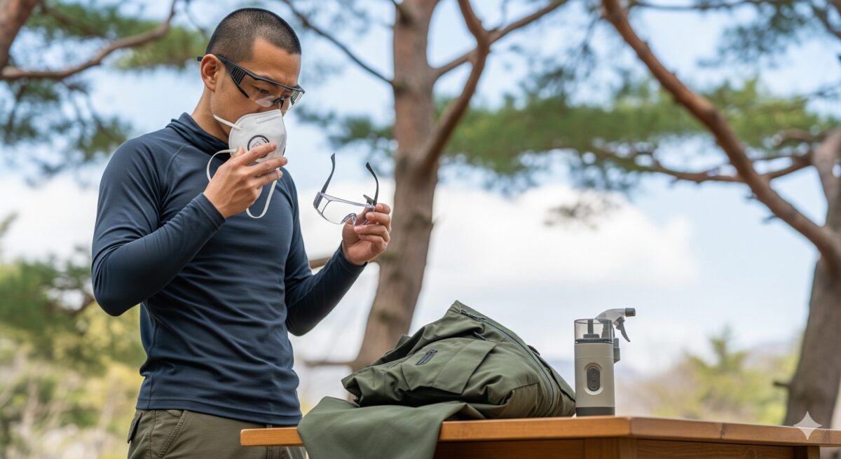 春の陽光が差し込む屋外のキャンプサイトで、日本人の男性がマスクと花粉対策用のメガネを着用して、笑顔で快適に過ごしている。