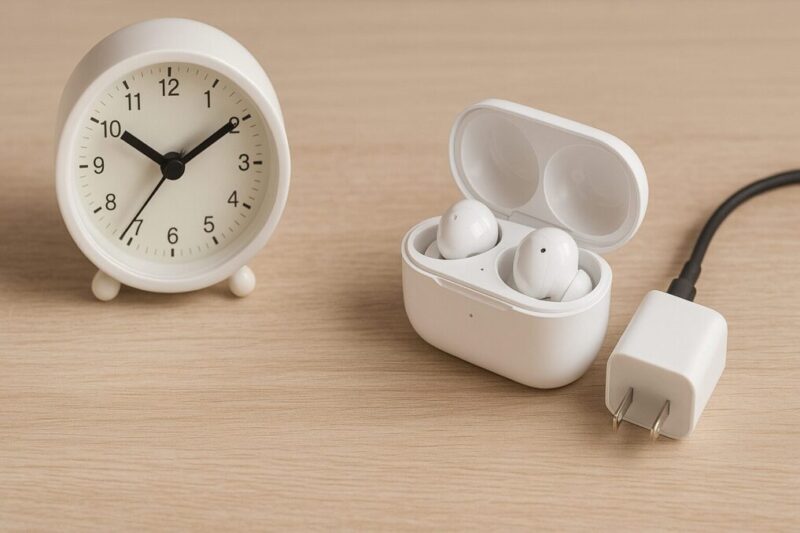 時計と充電中のイヤホンケースで充電時間のイメージを示す静物イメージ