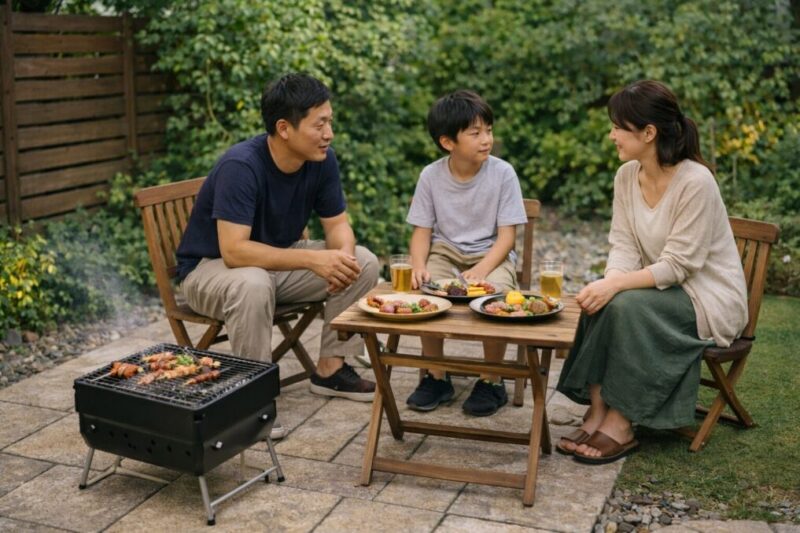 時間帯と人数に配慮して静かに楽しむ庭バーベキューの様子