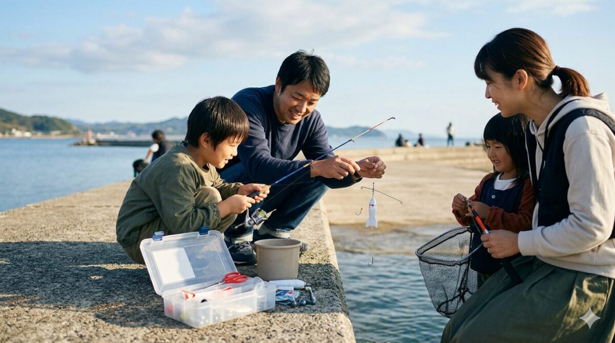 晴れた堤防で、日本人の家族がロケット型天秤を使ったちょい投げ釣りを楽しんでいる様子。