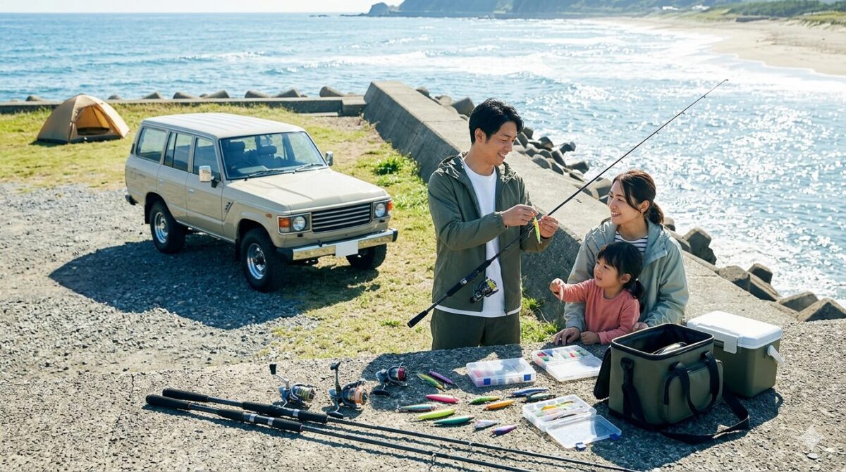 晴れた海辺の防波堤で、日本人の家族がルアー釣りの道具を並べて準備している様子。