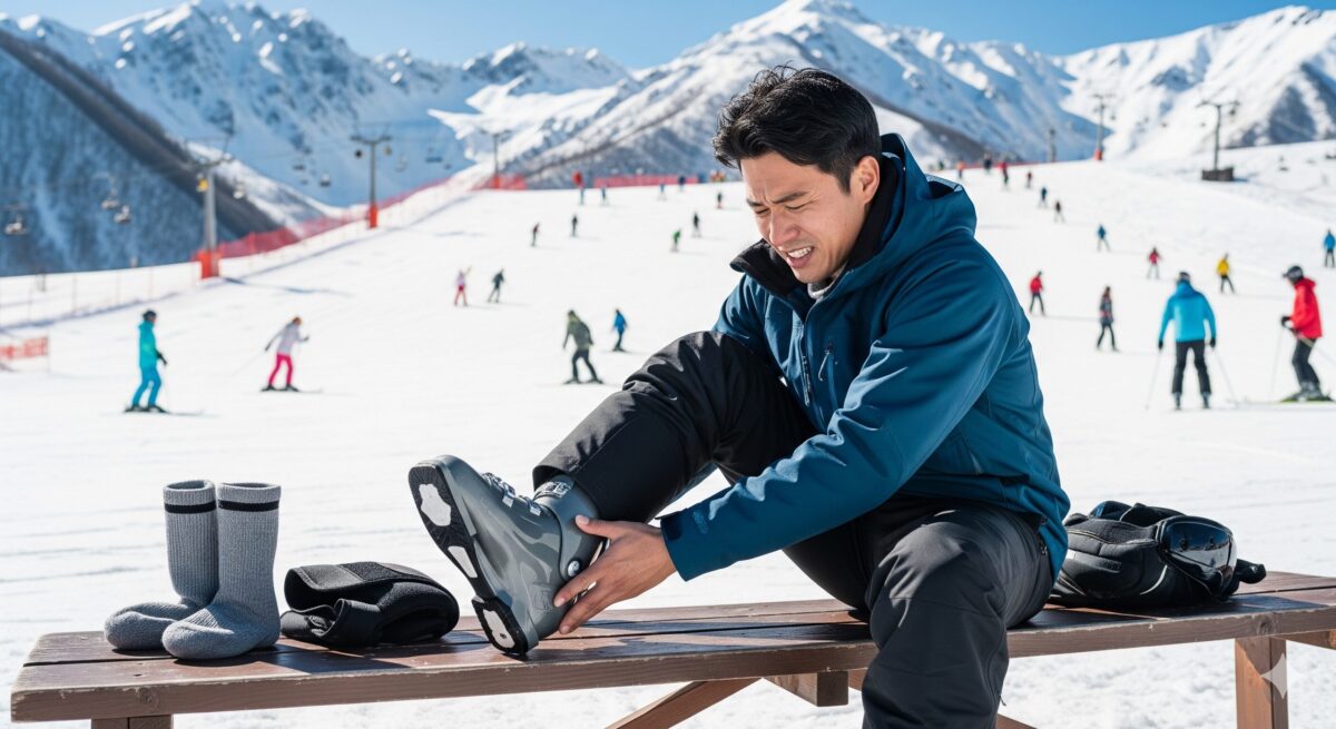 晴天のスキー場で、ベンチに座りながらスキーブーツの当たりを気にする日本人の男性。