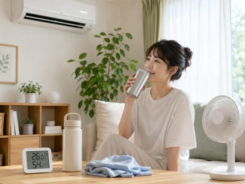 暑い日に一人で室内の冷房と水分補給を整えて過ごす人