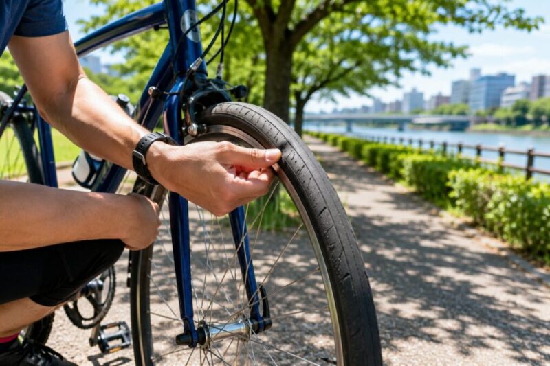 暑い日のサイクリング前に自転車タイヤを確認する様子