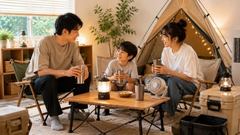 暑くてどこも行けない日に室内キャンプ気分で家族が涼しく過ごす様子