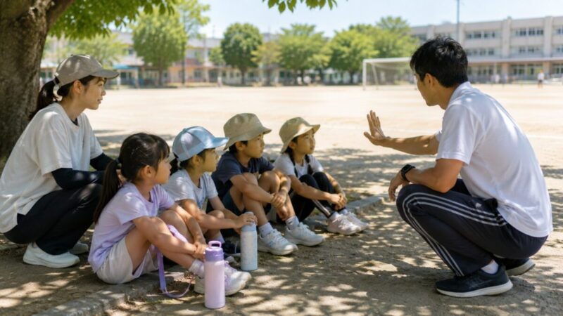 暑さ指数が高い日に日陰で休憩する子供たち
