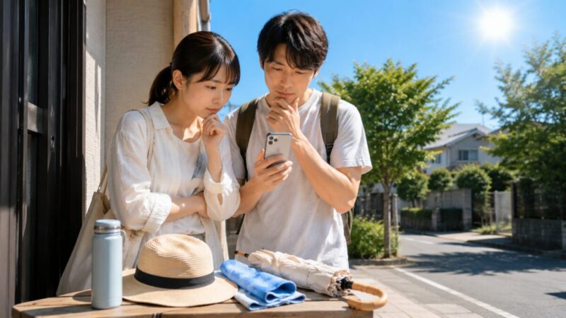 暑すぎる日にスマホで暑さ指数を確認して外出するか判断する男女