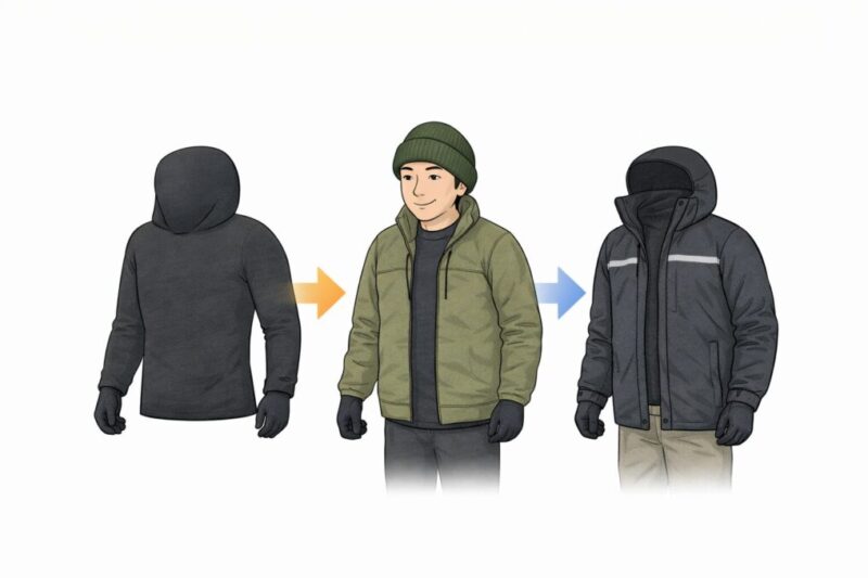 暖かさだけでなくレイヤリングが重要だと示す3層構造の図解