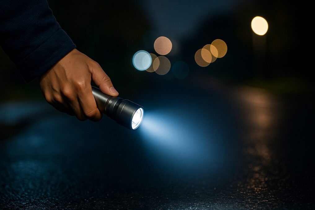 暗い場所をLED懐中電灯で照らすイメージ