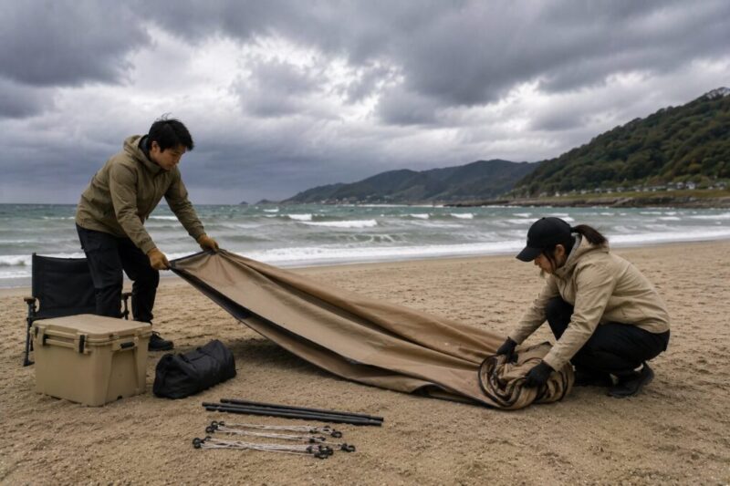 曇り空の海辺で風が強まる前にタープを畳む大人2人