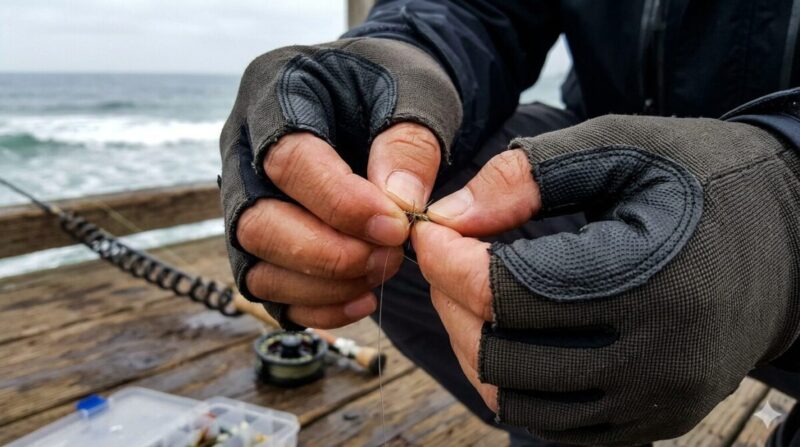 曇天の堤防で３本指出し手袋を着用し、餌を付ける釣り人の手元。