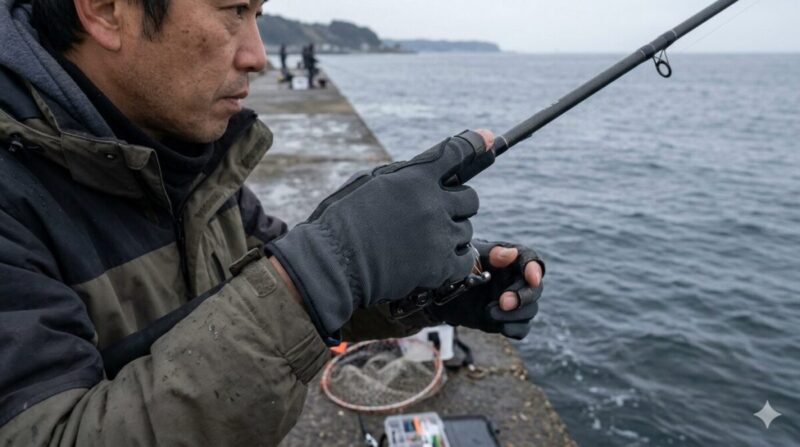 曇天の港で防寒手袋を着用しルアーを確認する釣り人の手元。