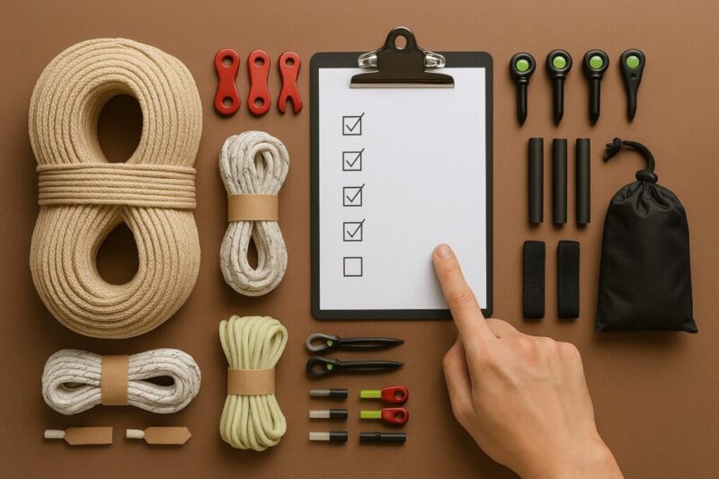 最小購入リストの具体例として、25mスプールと自在金具、ペグマーカー、収縮チューブ、面ファスナー、収納サックをチェックリストの周囲に並べた静物写真。