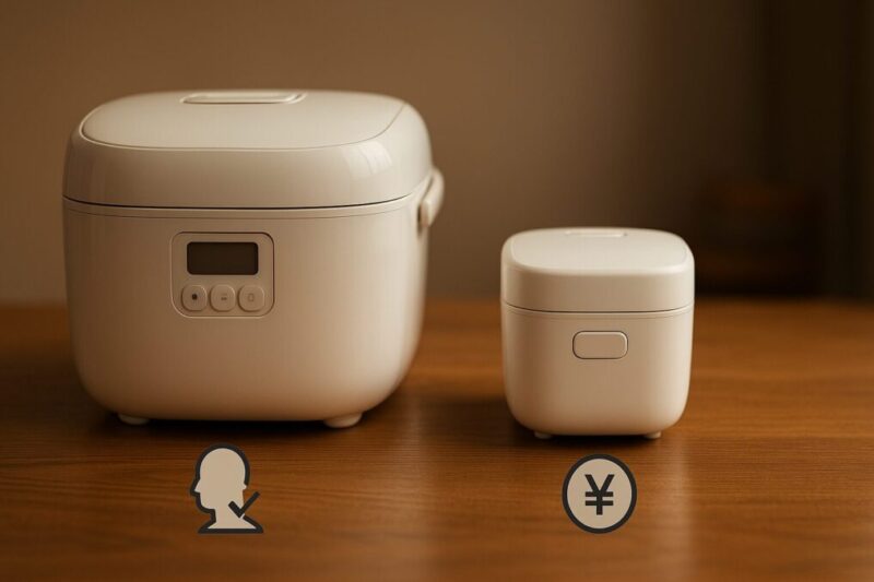有名メーカー炊飯器と格安ミニ炊飯器を比較し、どちらが自分に向いているか考えるイメージ。