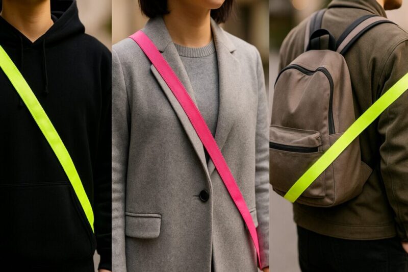 服装との組み合わせを工夫して、反射タスキをおしゃれに見せる着こなし例を並べたイメージ。