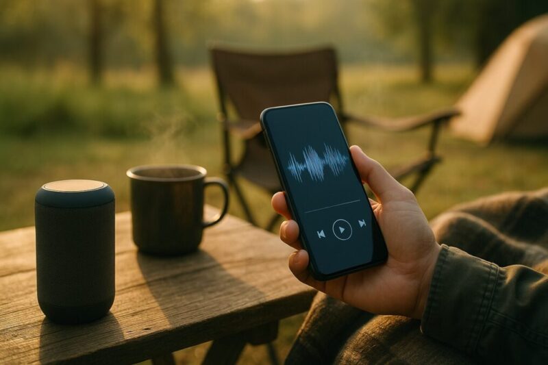 朝のキャンプサイトでスマホと小型スピーカーから音楽やラジオを流している様子