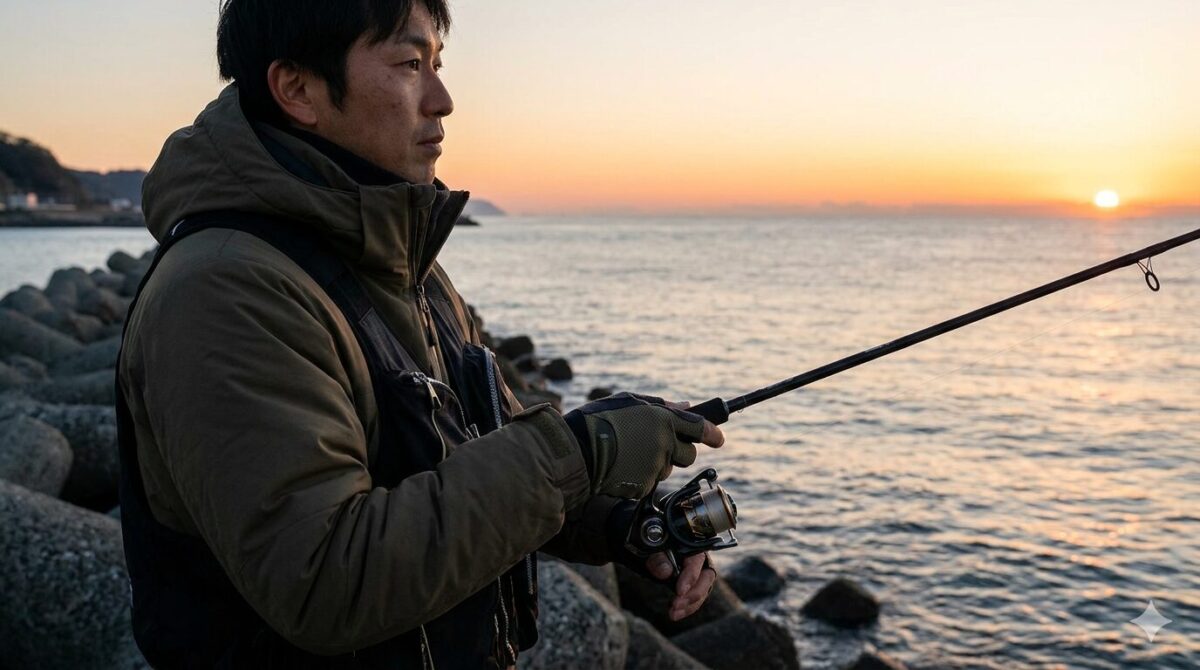 朝焼けの中、グローブを着用して釣り竿を持つ釣り人。