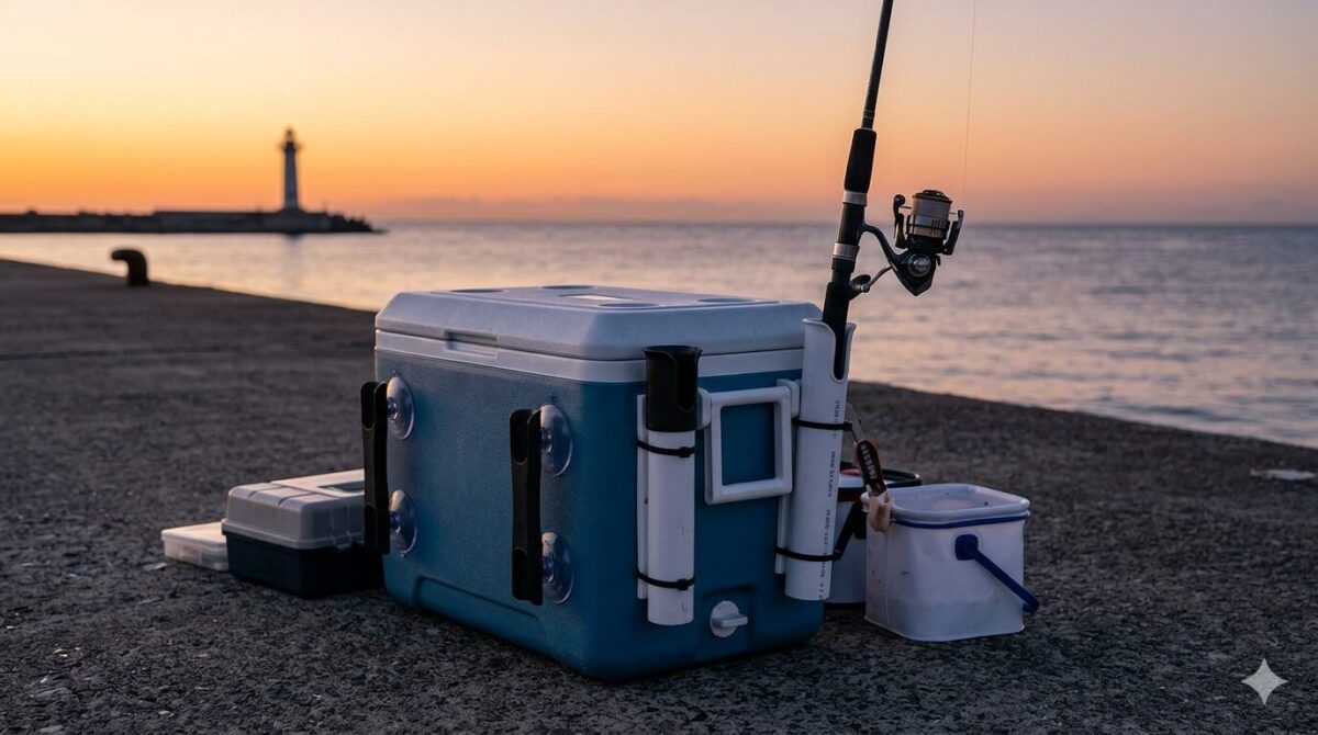 朝焼けの防波堤で、吸盤やネジ、自作の塩ビパイプなど、様々な後付けロッドホルダーが取り付けられたクーラーボックスに釣竿が立てられている様子。
