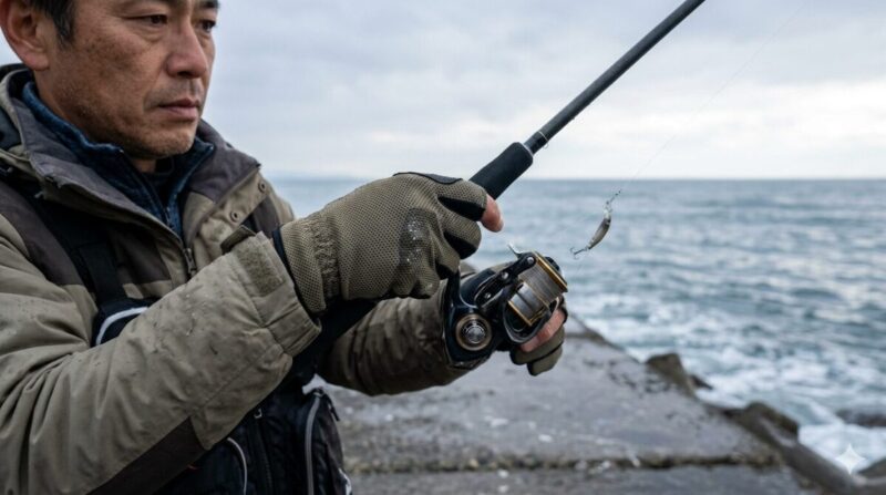 朝霧の湖畔で、すべり止め手袋を着用し濡れたロッドを握る釣り人。
