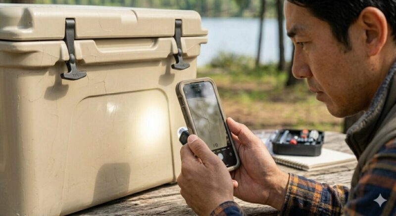 木のテーブルの上で、日本人男性の手が、タブレット端末に表示された2枚のクーラーボックスの商品画像を接写。