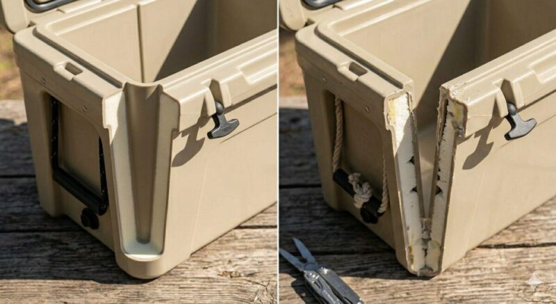 木のテーブルの上で、暖かな自然光に照らされた2つのクーラーボックスの断面。