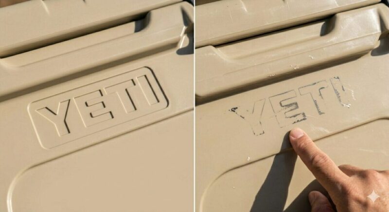 木のテーブルの上で、暖かな自然光を浴びながら並べられた2つのクーラーボックスのロゴ周辺。