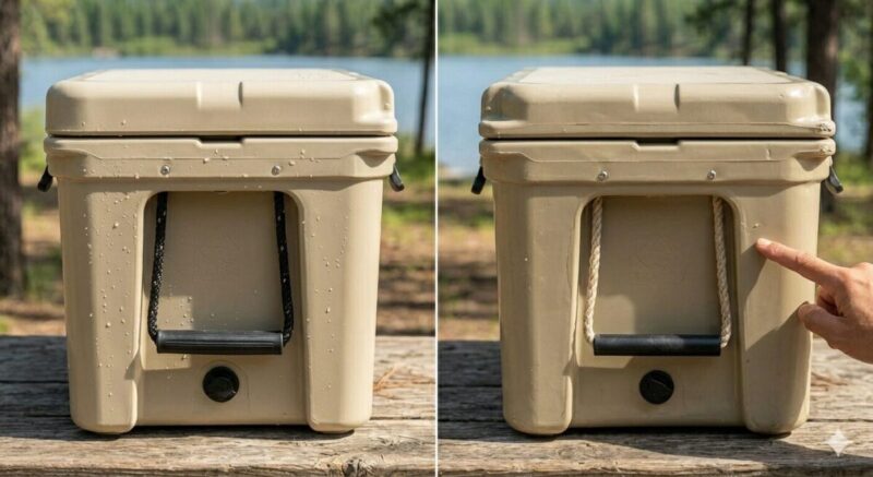 木のテーブルの上で、暖かな自然光を浴びながら並べられた2つのクーラーボックスの前面。