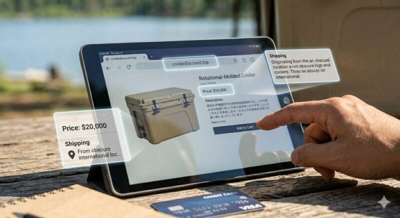 木のテーブルの上で、暖かな自然光を浴びながら日本人男性の手が、タブレット端末に表示されたウェブサイトの画面を接写している。
