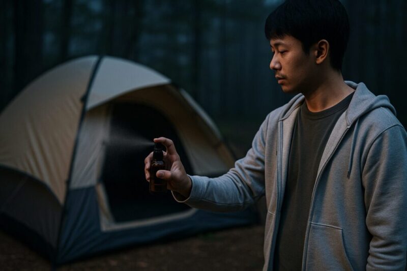 木のテーブルの上にハッカ油スプレーのボトルと小さなアロマ瓶、ミントなどのハーブの葉を並べた、自作アロマ系忌避剤をイメージした写真