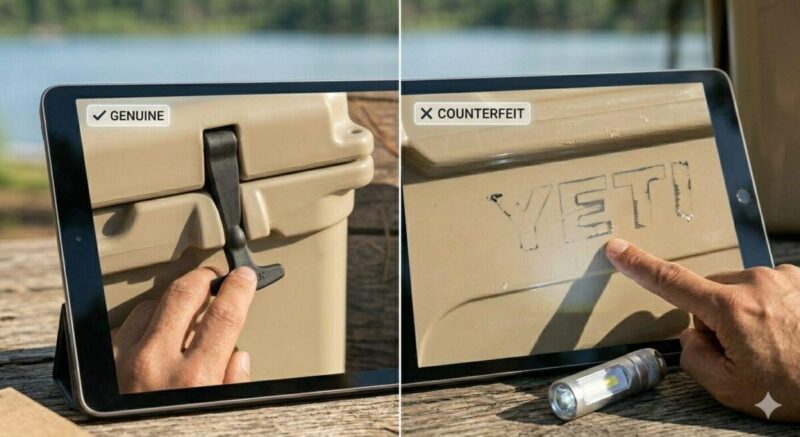 木のテーブルの上に置かれたタブレット端末の画面に、2つの異なるマクロ接写が並列に表示されている。