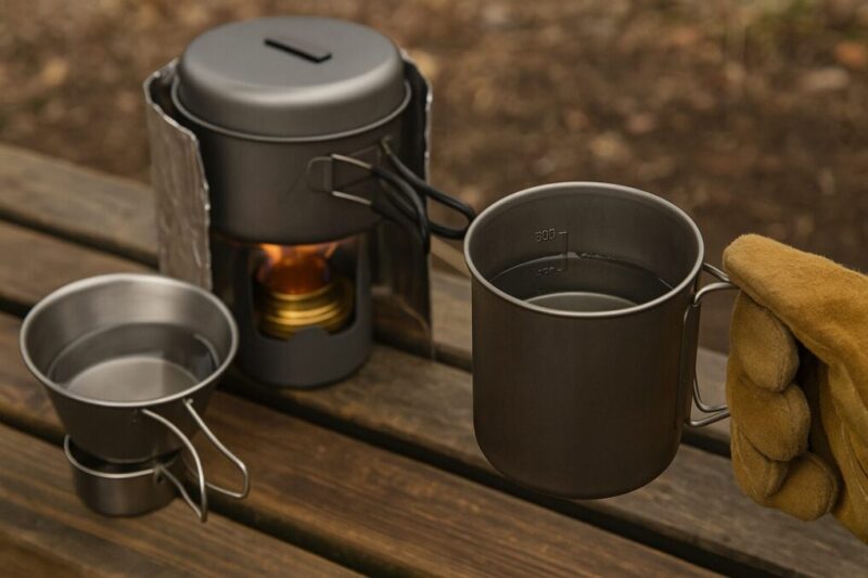 木のベンチで、アルコールストーブ上のシェラカップと、風防で囲った小型クッカー、目盛り付きチタンマグを日本人の手袋の手が持つ、ロゴのないアウトドア調理シーン。