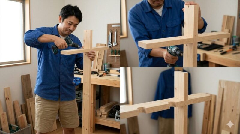 木材で丈夫な釣竿立てを組み立てるDIY工程