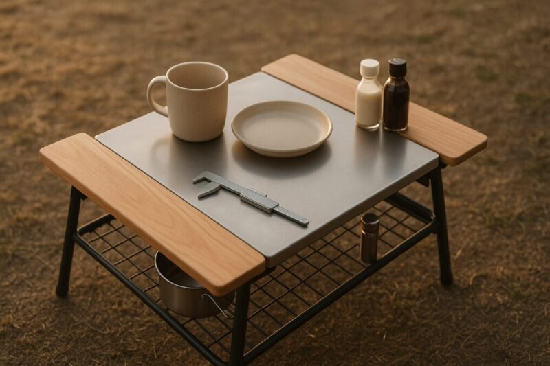 木枠とサイド板で作業面を広げた焚き火テーブル拡張カスタム。