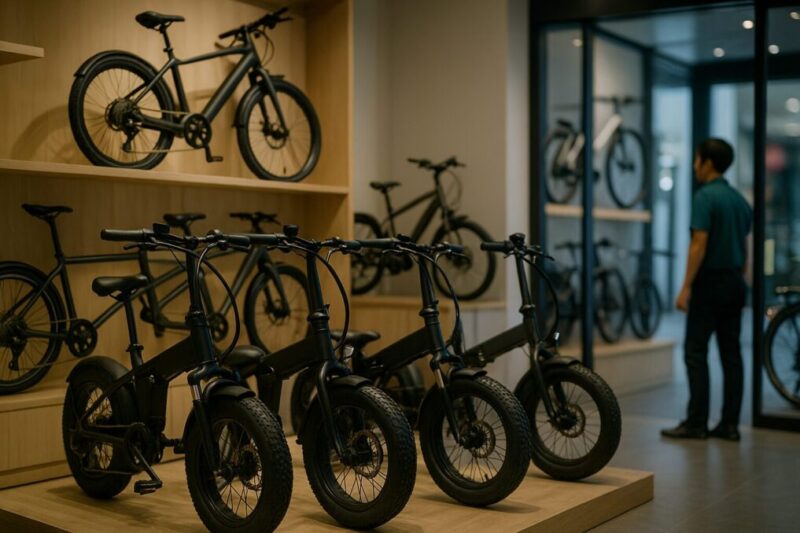 木目ショールームに並ぶ折りたたみe-bikeと試乗コーナーの店内風景イメージ