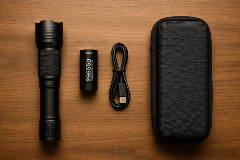 木目テーブルの上に、shadowhawk風ライト本体・26650電池・USBケーブル・専用ケースを整然と配置したフラットレイ。