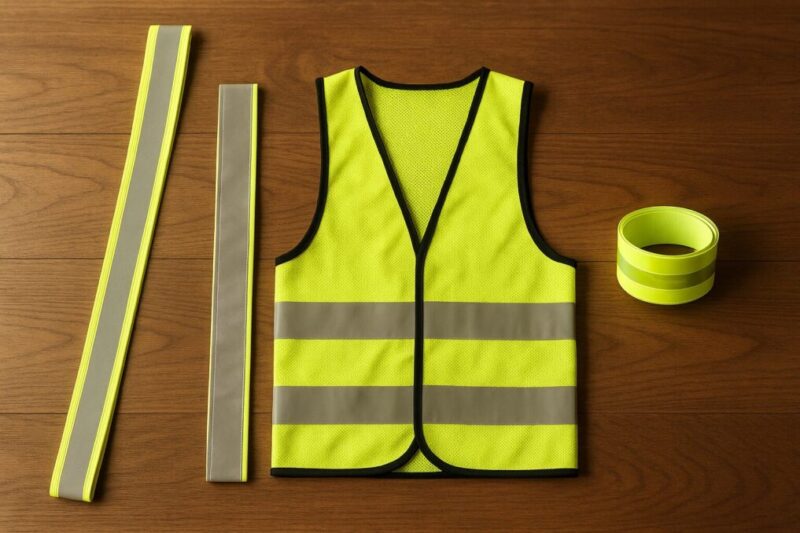 木目テーブルの上に、細身タスキ・幅広タスキ・反射ベスト・反射バンドを横一列に並べた比較写真。