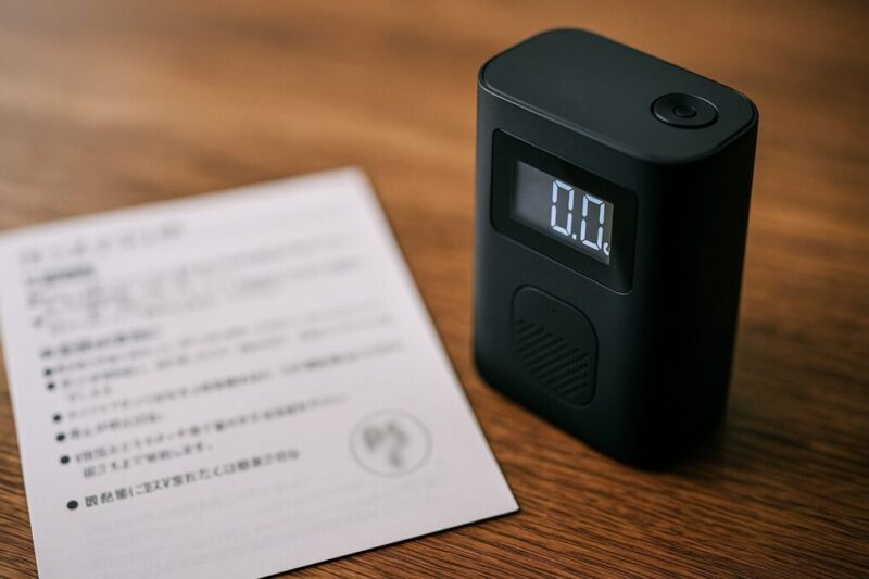 木目テーブル上で、汎用デザインの電動ポンプと取扱説明書イメージ